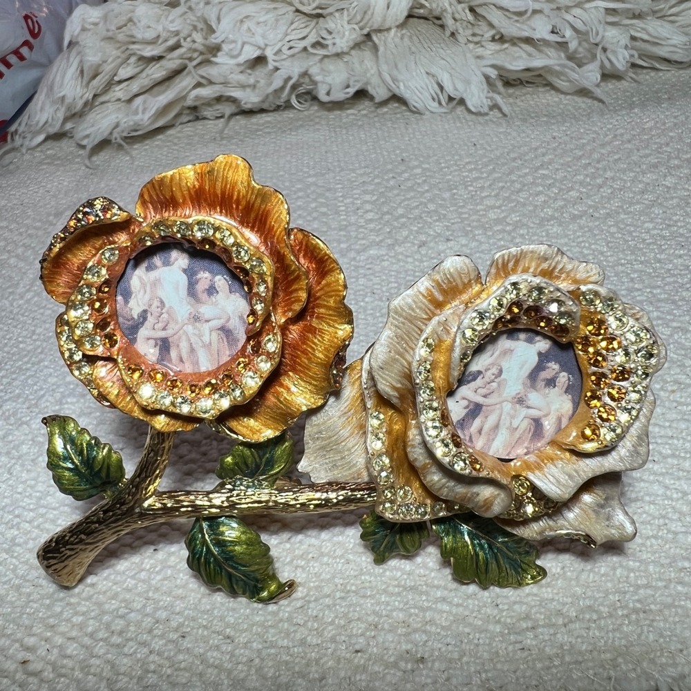 Rucinni Ornate Double Rose Picture Frame Rhinestone Vintage Style‎ Gold Tone